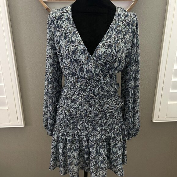Milk & Honey Dress Mini Smocked Ruffle Long Sleeve Blue Floral SZS Cottage Boho - Picture 1 of 9